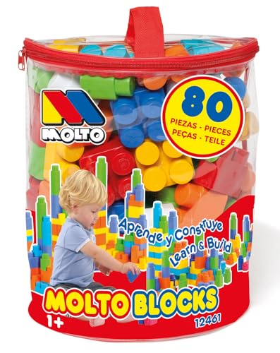 M MOLTO Beutel mit Spielzeugbausteinen. Blöcke zu Bauen. Blöcke zum Stapeln und Zusammenfügen. 60/80/150 Stück. (80 stück, Rot) von M MOLTO