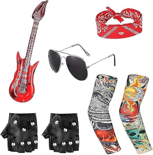 Rockstar-Kostüm-Set, aufblasbare Gitarre, Handschuhe, Brille und mehr, für Musikpartys und Kostümveranstaltungen, 7-teilig Rockstar-Kostüm-Set, aufblasbare Gitarre, Handschuhe, Brille und mehr, für Musikpartys und Kostümveranstaltungen, 7-teilig von Molygar