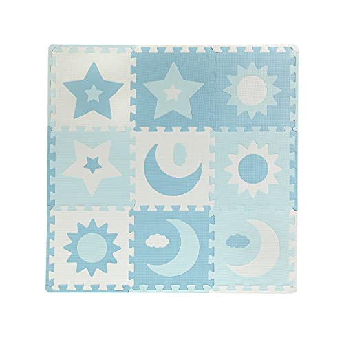 Momi AKCE00031 Puzzle NEBE aus Eva-Schaumstoff, 9 Teile je 30 x 30 x 1 cm mit Randteilen, ideal als eine Krabbelmatte (90 x 90 x 1 cm), Spielunterlage, Spielzeugaufbewahrung, Blau, 90x90 cm von Momi