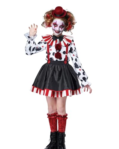Momkonzz Halloween-Clown-Kostüm, Kinder für Mädchen, gruselige Clown-Kostüme, Hemden, Strapskleid, Hut und Schal, Outfits (Schwarz, Größe 10–12T) von Momkonzz