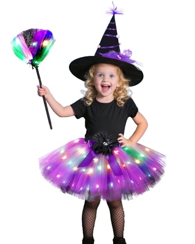 Momkonzz Halloween-Hexenkostüm, Kinder für Mädchen, funkelnder Tutu-Rock + Hexenhut + Besen, Set, Halloween, Cosplay, 3-teilig, Lila, 6–7 Jahre von Momkonzz