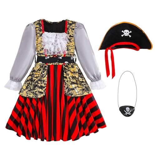 Momkonzz Halloween-Piratenkostüm für Kinder, Mädchen, mittelalterliches Kleid + Piratenhut + Augenklappe, für Rollenspiele, Cosplay (Rot, 5–6T) von Momkonzz