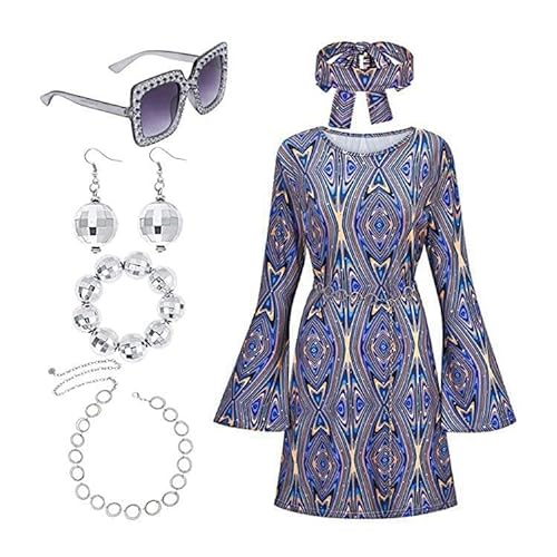 6 Stück Hippie Kostüm Damen Kleid Set, 70er Jahre Bekleidung 60er Jahre Disco Outfit Damen Accessoires mit Halskette, Ohrringe, Sonnenbrille, Stirnband, für Karneval Cosplay Party (Blue, L) von Momolaa