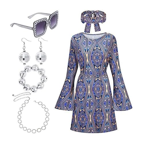 6 Stück Hippie Kostüm Damen Kleid Set, 70er Jahre Bekleidung 60er Jahre Disco Outfit Damen Accessoires mit Halskette, Ohrringe, Sonnenbrille, Stirnband, für Karneval Cosplay Party (Blue, L) von Momolaa
