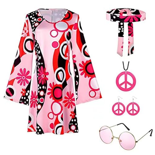 6 Stück Hippie Kostüm Damen Kleid Set, 70er Jahre Bekleidung 60er Jahre Disco Outfit Damen Accessoires mit Halskette, Ohrringe, Sonnenbrille, Stirnband, für Karneval Cosplay Party (Pink, L) von Momolaa