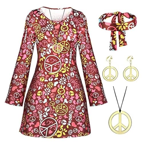 6 Stück Hippie Kostüm Damen Kleid Set, 70er Jahre Bekleidung 60er Jahre Disco Outfit Damen Accessoires mit Halskette, Ohrringe, Sonnenbrille, Stirnband, für Karneval Cosplay Party (Red, XL) von Momolaa