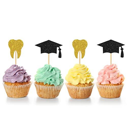 24 Stück Cupcake-Topper für Zahnarzt-Abschluss, Dekoration, Congrats, Zahnarzt, Cupcake-Dekoration, Congrats Grade Cupcake-Topper, Abschlussfeier, Party, Cupcake-Dekoration, Gold-Blakc-Glitzer von MonMon & Craft