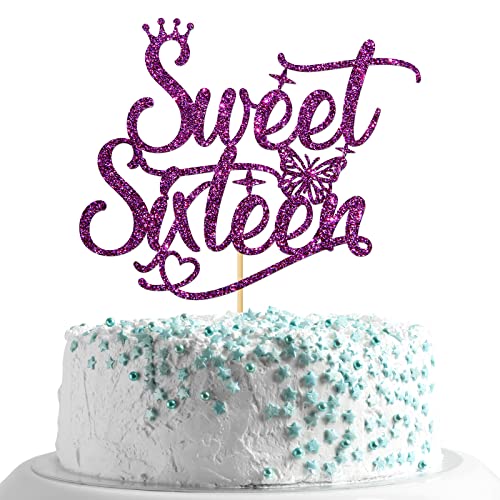 MonMon & Craft Sweet Sixteen Cake Topper/Happy 16th Birthday Party Decor/Sixteen Sign Cake Topper/Girl's 16th Birthday Party Decorations Purple Glitter von MonMon & Craft