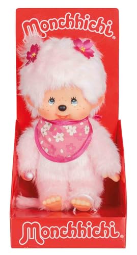 Sekiguchi 767020 - Original Monchhichi Mädchen Kirschblüte, Plüschfigur mit Lätzchen und Zöpfen mit Blumen, ca. 20 cm großes Kuscheltier aus rosa Plüsch von Sekiguchi