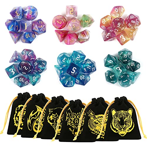 Moncolis 6x7(42 Stück) Polyedrische Würfel Set Glitzer Spielwürfel mit Doppel-Farben für Dungeons and Dragons DND RPG MTG TischSpiele D20 D12 D10 D8 D6 D4 mit 6 Samtbeuteln von Moncolis