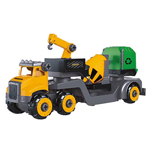Mondo Construction Truck Trailer Assemble-Playset 30 Teile zerlegbar - Spielzeug LKW BAU Set 4 in 1, Farbe Gelb/Grün, 51178 von Mondo