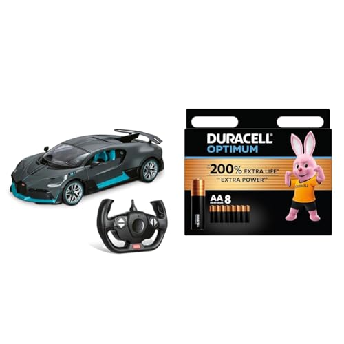 Mondo Motors, Bugatti DIVO, Modell im Maßstab 1: 14, Geschwindigkeit bis zu 10 km/h, Spielzeugauto für Kinder - 63688 + Duracell Optimum Batterien AA, 8 Stück, bis zu 200% zusätzliche Lebensdauer od von Mondo