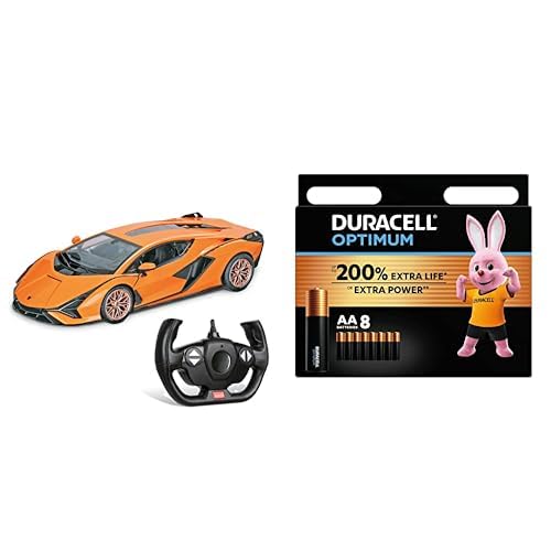 Mondo Motors, Lamborghini SIAN, Modell im Maßstab 1: 14, Geschwindigkeit bis zu 10 km/h, Spielzeugauto für Kinder - 63661 + Duracell Optimum Batterien AA, 8 Stück, bis zu 200% zusätzliche Lebensdaue von Mondo