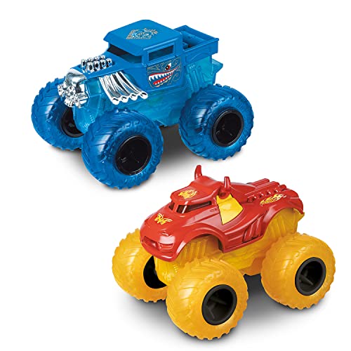 Mondo Motors - Hot Wheels Double Smash - 2er Pack Licht und Ton Maschinen mit Rückladung für Kinder - Bone Shaker, Rev Tred, 51235, blau/rot von Mondo