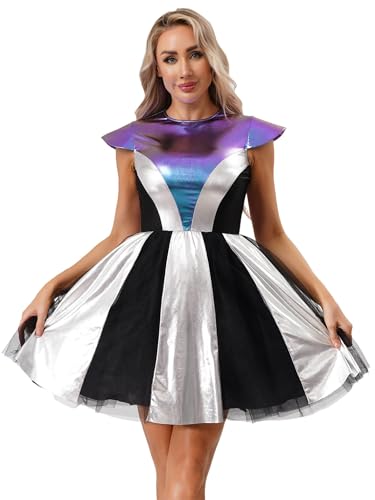 Monduelle Damen Alien Kostüm Space Girl Kleid Metallic Alien Kleid Weltall Astronauten Kostüm Tanzkleid Halloween Karneval Fasching Partykleid Bunt XL von Monduelle