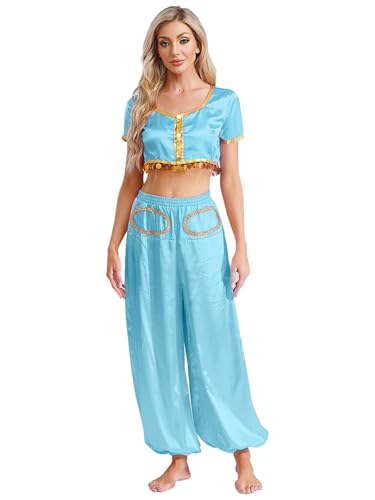 Monduelle Damen Bauchtanz Kostüm Arabische Prinzessin Crop Tops Bauchtanz Oberteile + Haremshose Halloween Karneval Fasching Tanzkostüm Hellblau 4XL Monduelle Damen Bauchtanz Kostüm Arabische Prinzessin Crop Tops Bauchtanz Oberteile + Haremshose Halloween Karneval Fasching Tanzkostüm Hellblau 4XL von Monduelle