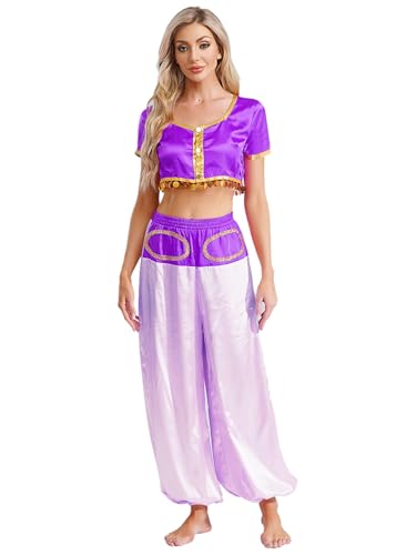 Monduelle Damen Bauchtanz Kostüm Arabische Prinzessin Crop Tops Bauchtanz Oberteile + Haremshose Halloween Karneval Fasching Tanzkostüm Lila S von Monduelle