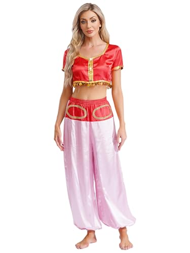 Monduelle Damen Bauchtanz Kostüm Arabische Prinzessin Crop Tops Bauchtanz Oberteile + Haremshose Halloween Karneval Fasching Tanzkostüm Rot XL von Monduelle