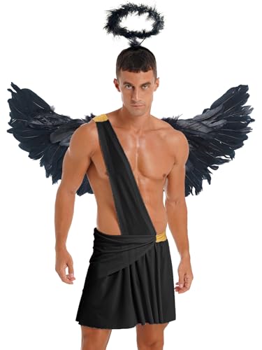 Monduelle Herren Engel Kostüm + Engelsflügel + Heiligenschein Athena Griechische Gott Kostüm Weihnachtsengel Outfits Halloween Karneval Fasching Schwarz M von Monduelle