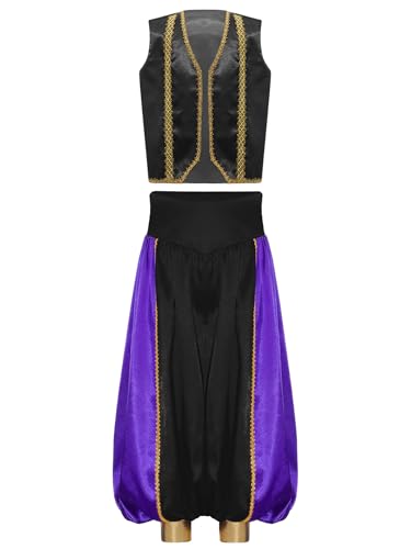 Monduelle Jungen Arabischer Prinz Kostüm Satin Weste Jacke + Haremshose Kinder Arabische Kleidung Halloween Karneval Fasching Verkleidung Schwarz 146-152 von Monduelle
