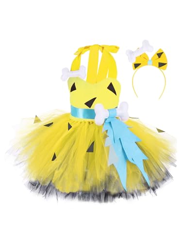 Monduelle Kinder mädchen Höhlenmensch Kostüm Tutu Kleid Mit Haarreif Steinzeit Neandertaler Kostüm Halloween Karneval Fasching Partykleid B Gelb 98-104 von Monduelle