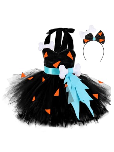 Monduelle Kinder mädchen Höhlenmensch Kostüm Tutu Kleid Mit Haarreif Steinzeit Neandertaler Kostüm Halloween Karneval Fasching Partykleid B Schwarz 68-80 von Monduelle