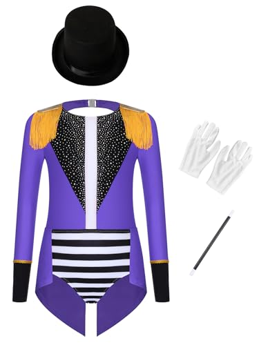 Monduelle Mädchen Zirkus Kostüm Ringmaster Outfits Zirkusdirektor Body Overall mit Hut Tanzbody Festival Showman Tanzkostüm Violett 146-152 Monduelle Mädchen Zirkus Kostüm Ringmaster Outfits Zirkusdirektor Body Overall mit Hut Tanzbody Festival Showman Tanzkostüm Violett 146-152 von Monduelle