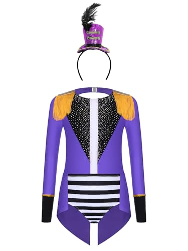 Monduelle Mädchen Zirkus Kostüm Zirkusdirektor Body Overall mit Haarreif Tanzbody Ringmaster Outfits Festival Showman Tanzkostüm Violett 122-128 Monduelle Mädchen Zirkus Kostüm Zirkusdirektor Body Overall mit Haarreif Tanzbody Ringmaster Outfits Festival Showman Tanzkostüm Violett 122-128 von Monduelle