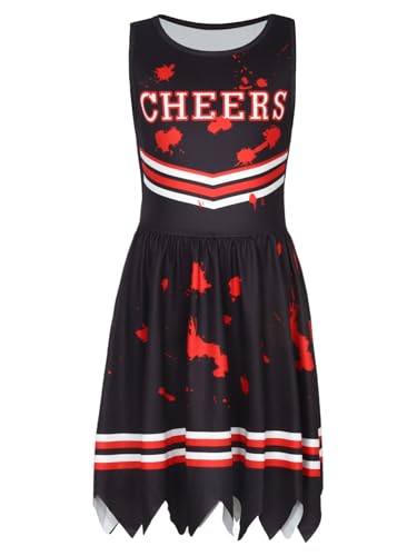 Monduelle Mädchen Zombie Cheer Leader Kostüm Cheerleading Uniform Ärmellos Cheer Kleid Halloween Karneval Fasching Kostüm Schwarz 122-128 von Monduelle