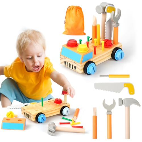Werkzeug Kinder Montessori Spielzeug ab 2 3 4 5 Jahre, Werkzeugkoffer Kinder Kinderwerkzeug Holzspielzeug Schraubendreherbrett mit Tragetasche, Sortierspiel für Baby Geschenk Junge Mädchen von Monemey