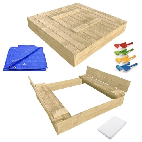 Sandbox mit Deckel Sandkasten aus Naturholz 120x120 Sandkiste mit Sitzbänken Holz Spielzeug Garten Spielzeug von Moni