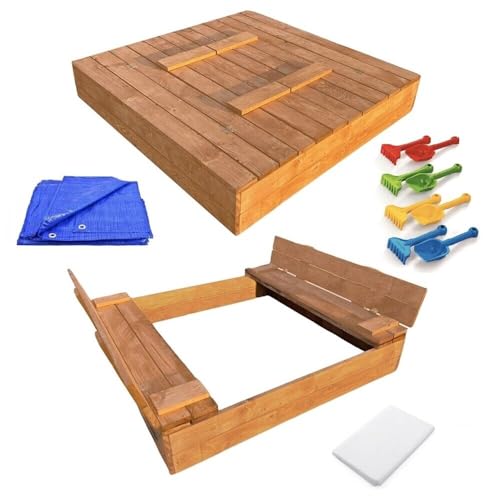 Sandkasten mit Deckel 120x120 Sandbox Imprägniert Sandkiste mit Sitzbänken Holz Spielzeug Garten Spielzeug von Moni