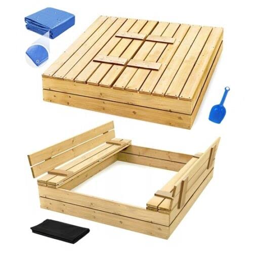 Sandkasten mit Deckel 120x120 aus Holz Sandbox Sandkiste mit Sitzbänken Spielzeug Garten Spielzeug von Moni