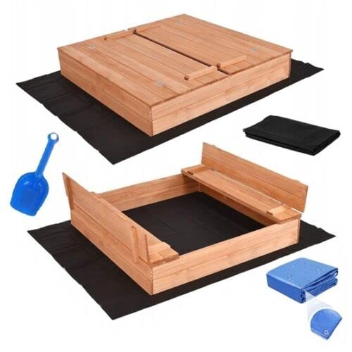 Sandkasten mit Deckel Imprägniert Sandbox 120x120 Sandkiste mit Sitzbänken Holz Spielzeug Garten Spielzeug von Moni