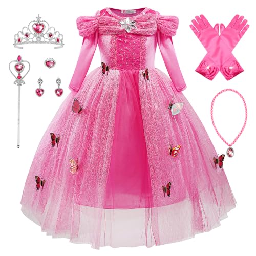 Monissy Aschenputtel Kostüm Kinder Mädchen Prinzessinnkleid mit Zubehöre Schmetterling Cinderella Tüll Maxikleid Krone Halloween Weihnachten Geburtstagsfeiern Karneval Verkleidung, Pink, 100 von Monissy