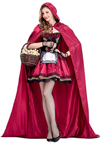 Monissy Damen Rotkäppchen Kleid Sexy Gothic Retro Dluxe Kostüm mit Umhang Kurze Kleider für Weihnachts Karneval Party Gothic Red Riding Hood Partykleid Halloween Fasching Fastnachtskostüme Rot von Monissy