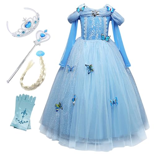 Monissy Elsa Kostüm für Kinder Mädchen Prinzessin Kostüm Eiskönigin Eisprinzessin Kleid Karneval Verkleidung Cosplay Party Geburtstag 3 Teil Umhang Arm Ärmel Schneeflocken Blau Lang von Monissy