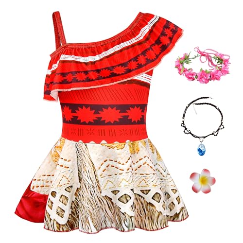 Monissy Kostüm Vaiana Klassisches Kleid Karneval Moana Kind Badekostüm Mädchen Sommer Pool Ozean Hawaii Halskette Haarspange Fotografie Cosplay Geschenk Halloween Weihnachten 110 von Monissy