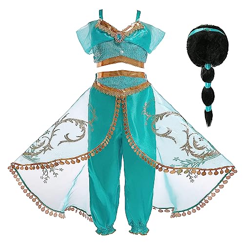 Monissy Prinzessin Jasmine Kostüm für Kinder Prinzessinnenkleid Mädchen Aladdin Weihnachten Geburtstag Verkleidung mit Zubehör Bauchtanz Halloween Fasching Perücke Stirnband,Grün 2,120 von Monissy