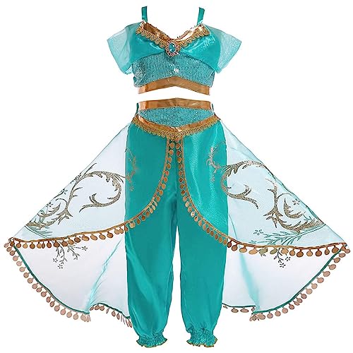 Monissy Mädchen Kleid Prinzessin Jasmine Kostüm für Kinder Aladdin Oberteil + Hose Stirnband Zauberstab Verkleidung Weihnachten Karneval Geburtstag Fest Prinzessinnenkleid,Grün 3,120 von Monissy