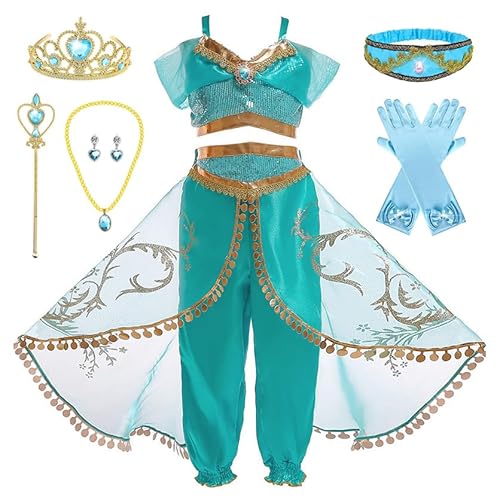 Monissy Mädchen Kleid Prinzessin Jasmine Kostüm für Kinder Aladdin Oberteil + Hose Stirnband Zauberstab Verkleidung Weihnachten Karneval Geburtstag Fest Prinzessinnenkleid,Grün 2,120 Monissy Mädchen Kleid Prinzessin Jasmine Kostüm für Kinder Aladdin Oberteil + Hose Stirnband Zauberstab Verkleidung Weihnachten Karneval Geburtstag Fest Prinzessinnenkleid,Grün 2,120 von Monissy