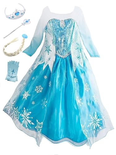Monissy Mädchen Prinzessin Kostüm Kinder Cosplay Kostüm Set Mädchen Eiskönigin Kostüm ELSA Kleid Blau Langarm Schneeflocke Tutu Fasching Kostüm Weihnachten Karneval Verkleidung Party 110 von Monissy
