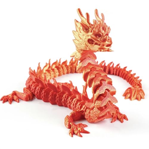 3D-gedruckter beweglicher Drache, 3D-gedruckter chinesischer Drache, Kristalldrache, flexibler Kristalldrache, Schreibtischfigur, Dekoration, Fidget-Spielzeug für Erwachsene (Rot und Gold, 30 cm) von Monivi