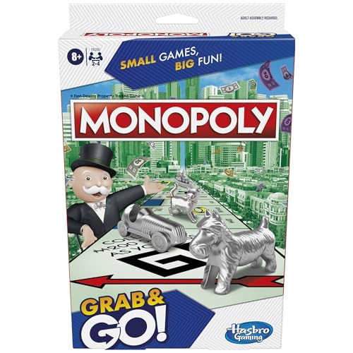 Hasbro Gaming Monopoly Grab and Go, tragbares Strategie-Brettspiel für Kinder ab 8 Jahren, für 2-4 Spieler, Familien- und Partyspiele von Monopoly