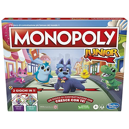 Hasbro Gaming Monopoly Junior, 2 Spiele in 1, Brettspiel mit Vorder- und Rückseite für 2-6 Spieler, Spiel für Kinder und Mädchen ab 4 Jahren von Monopoly