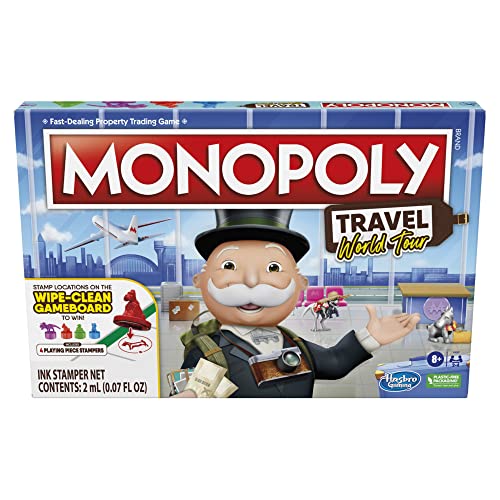 Hasbro Gaming Monopoly Travel World Tour, Brettspiel für Familien und Kinder ab 8 Jahren, enthält Chip-Stempel und ein trocken abwischbares Spielbrett, mehrfarbig, L von Monopoly