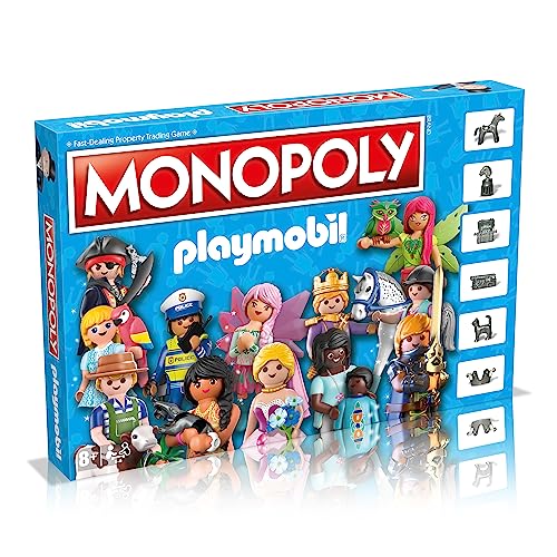 Winning Moves Playmobil Monopol Board Spiel, kaufen ikonische PLAYMOBIL Set von Stable, Police Headquarters zu Prinzessin Castle und Schädel Piratenschiff, tolles Geschenk für Alter von 8 plus von Monopoly