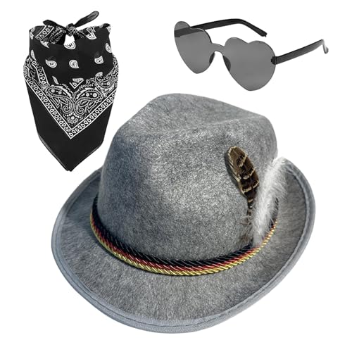 Monozoz Deutsche Hüte für Oktoberfest - Kunstleder 1 Set Vlies Deutscher Jägerhut mit Kopftuch Brille - Vlies Deutscher Jägerhut Oktoberfest Kostüm Zubehör für Herren von Monozoz