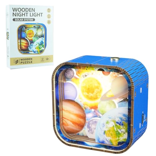 3D Holzpuzzle Nachtlicht Bausätze, DIY LED Leuchten, batteriebetriebene Lampen, dimmbar, wiederaufladbar, für Kinderzimmer, Schlafzimmer, Babyzimmer, Geschenke, Raumdekoration(Solar System) von Monsing