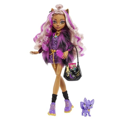 Monster High Mattel Clawdeen - Puppe mit Animal-Print-Pullover und schaurig-schönem Longsleeve-Top und goldenem Schmuck, mit Haustierkatze Crescent, für Kinder ab 6 Jahren, HHK52 von Monster High